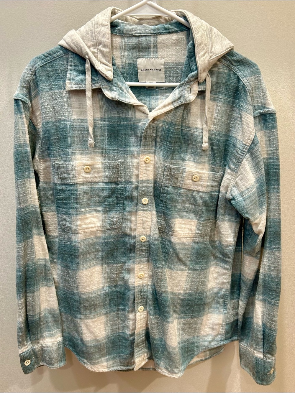 American Eagle Hooded Flannel Plaid Button Down Shirt Jacket Teal White Small S